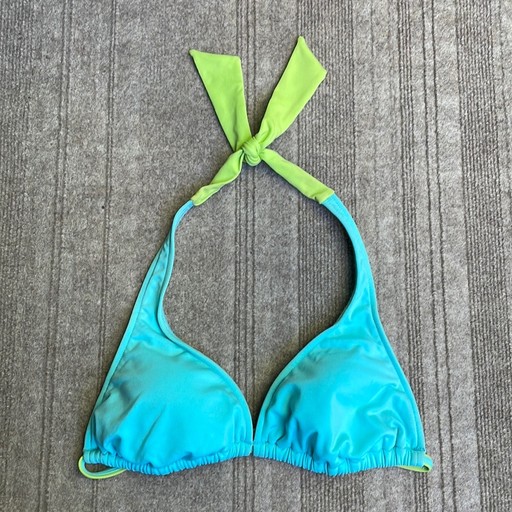 Aqua Blue & Lime Green Color-blocked String Bikini Top With Removable Padding